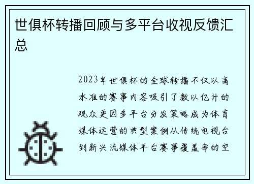 世俱杯转播回顾与多平台收视反馈汇总